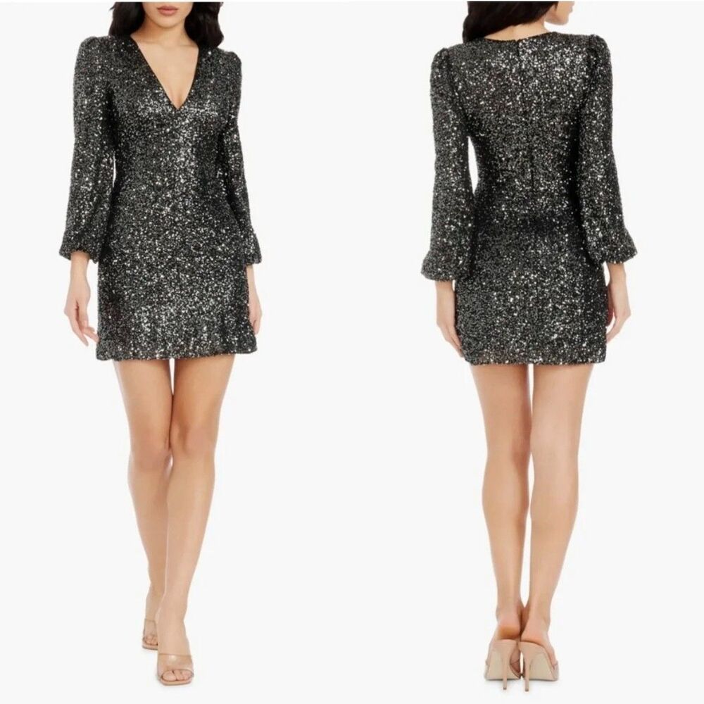 NWT Dress the Population Levy Black Sequin Cocktail Mini Size SMALL Long Sleeve